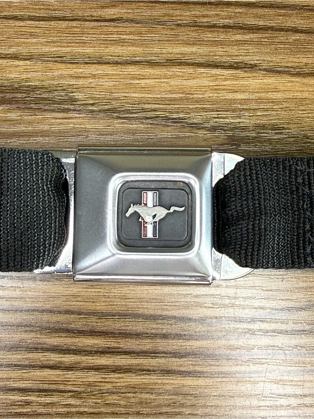 Ford Mustang Black Seatbelt-Style Belt with Chrome Pony Buckle